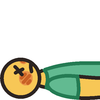  A person wearing a blue-green shirt lying on the ground with X's for eyes